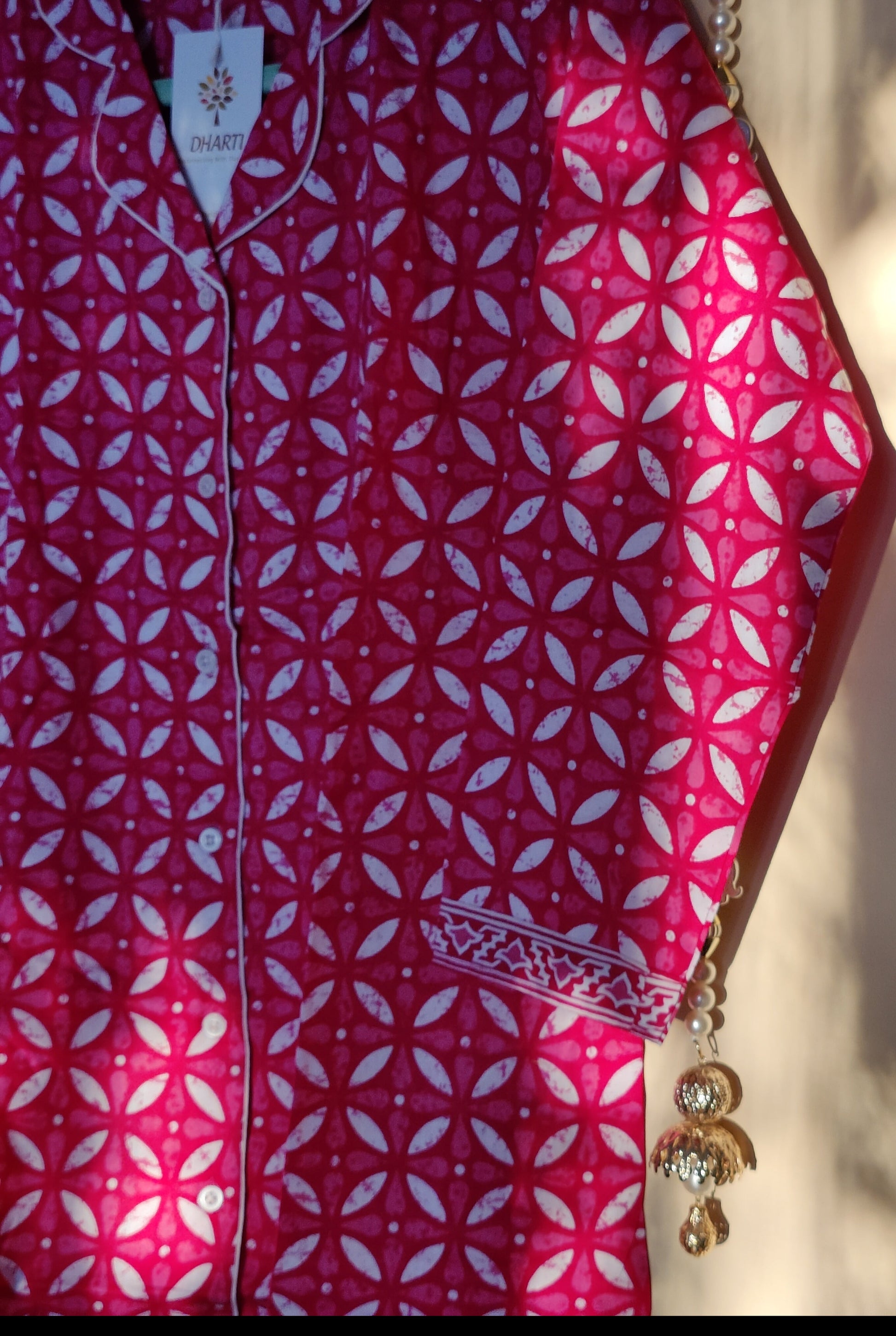 Batiq style handprinted pink shirt flower of life